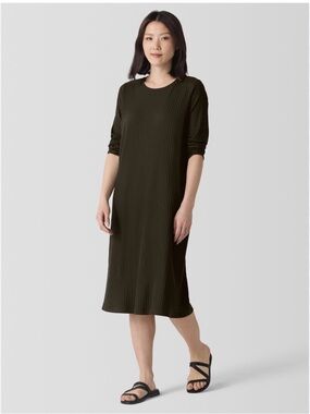 Eileen Fisher Olive Ribbed Midi Dress with Ruched Sleeves